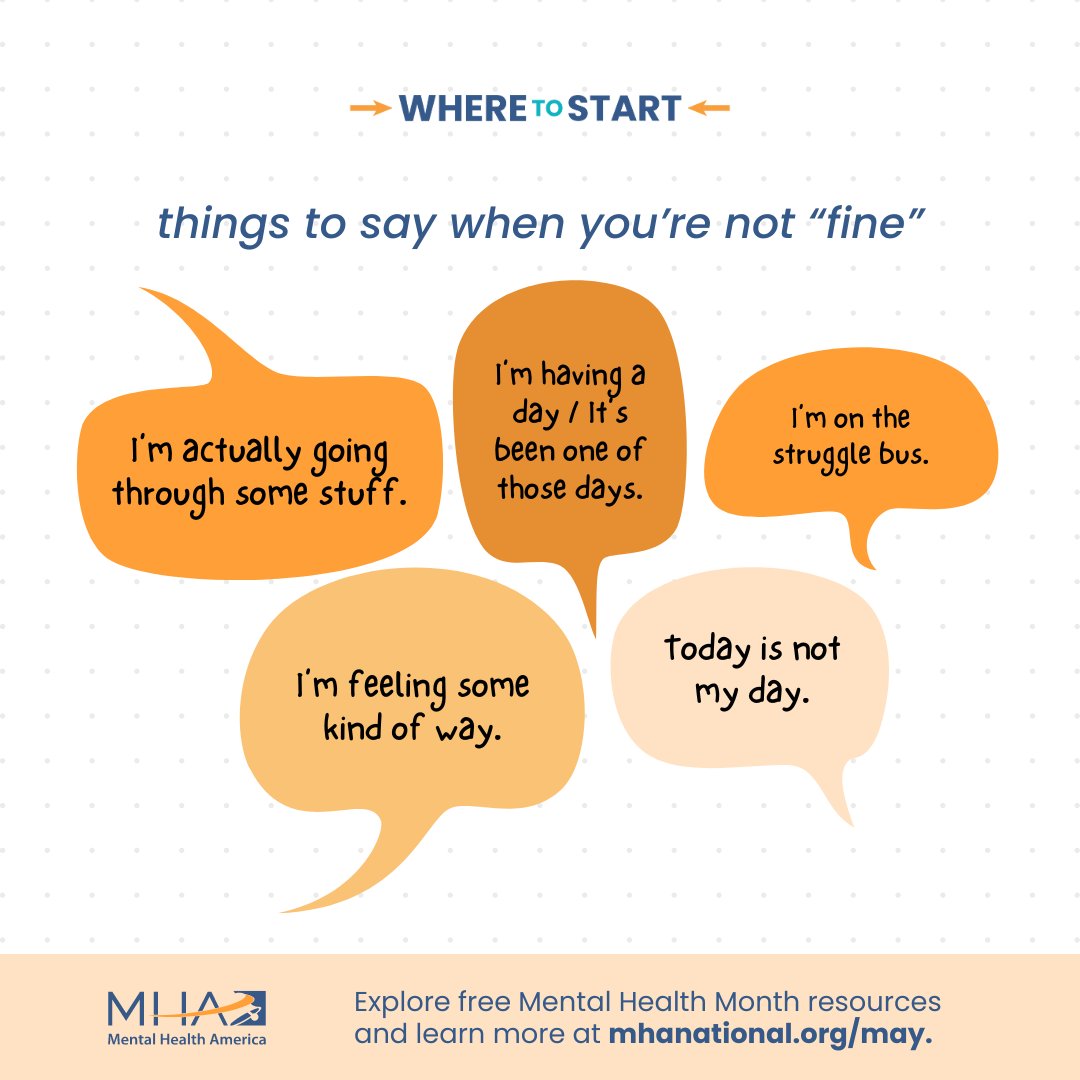 What do you say when you’re not feeling “fine”? Here are a few alternatives: “I’m actually going through some stuff.” “Today is not my day.” “I’m feeling some kind of way.” Get more help navigating tough conversations on MHA’s #MentalHealthMonth page: mhanational.org/may