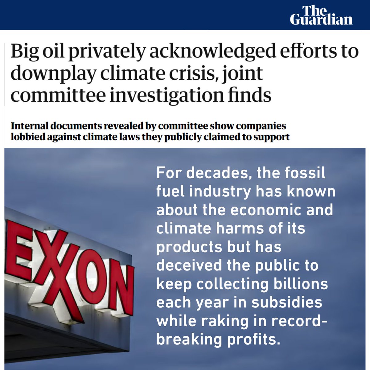 For decades, the fossil fuel industry has known about the economic & climate harms of its products but has deceived the public to keep collecting billions each year in subsidies while raking in record-breaking profits. When will they be held accountable? ow.ly/IgJN50Rt0Fe