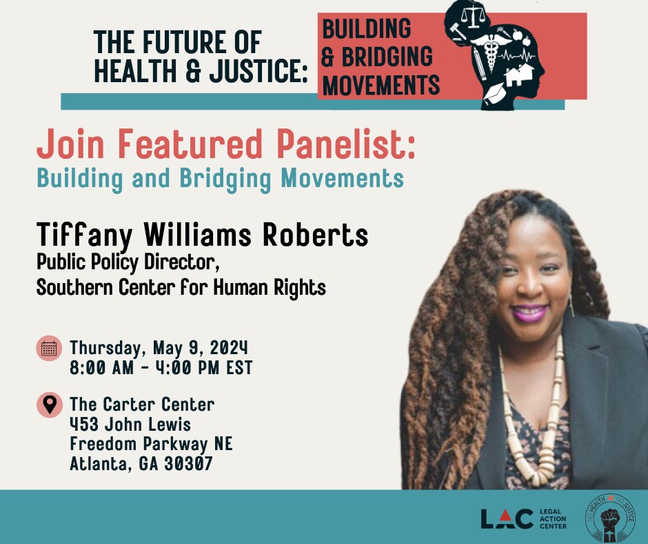 It’s not too late to get your tics to join us on 5/9 for our natl #NoHealthNoJustice convening! You’ll get to hear from speakers like @southerncenter’s @twrobertslaw on building & bridging movements in health & justice! Learn more & get tics here bit.ly/HealthJustice2…