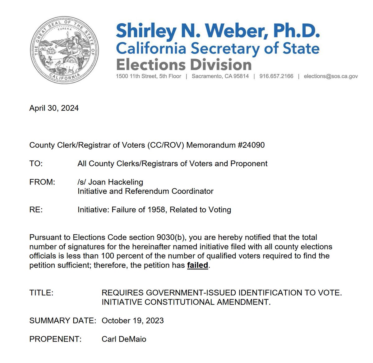 Not a huge surprise, but Carl DeMaio's proposed voter ID initiative is dead after failing to submit enough signatures. elections.cdn.sos.ca.gov/ccrov/2024/apr…