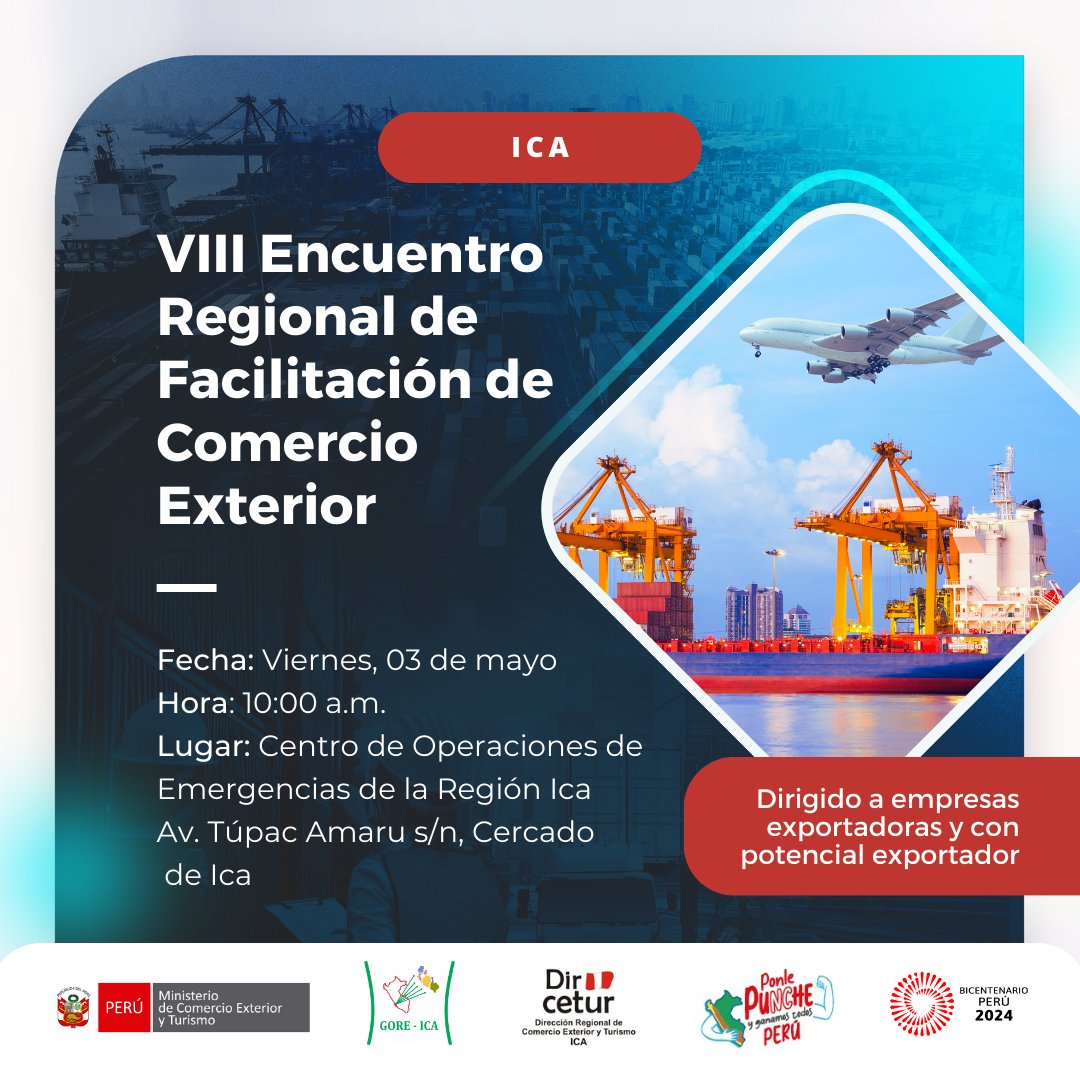 #Ica, ¡Acercamos la oferta de servicios de comercio a las empresas! En este VIII Encuentro Regional, podrás acceder a información aduanera, sanitaria, logística y financiera para tus operaciones. 🗓️ 03 de mayo ⏰ 10:00 a.m. 📝 Inscripciones 👉 forms.office.com/r/dTWkkv703R