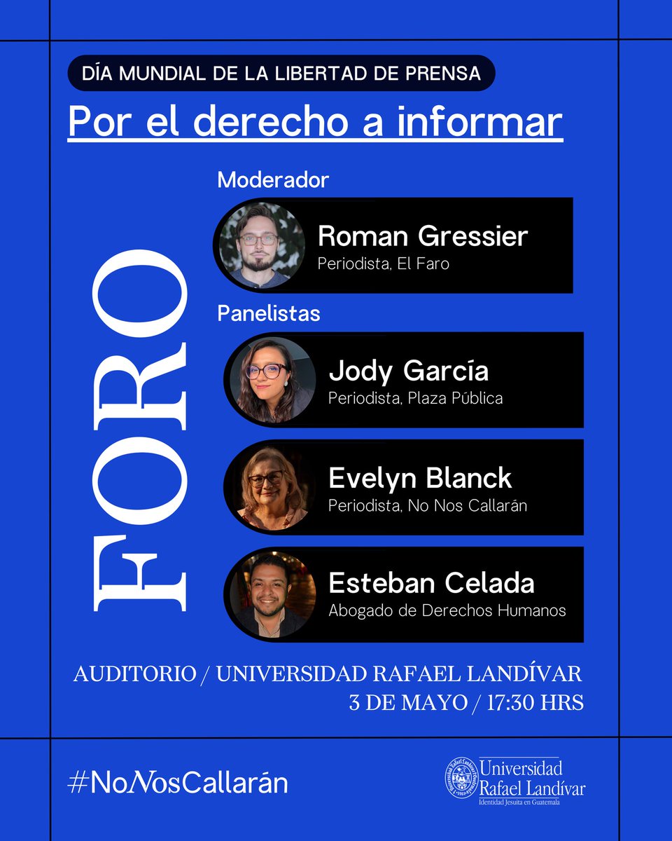 📢 Con motivo del Día Mundial de la #LibertadDePrensa, este próximo viernes 3 de mayo se realizará el foro «Por el derecho a informar» organizado por @NoNosCallaranGT y la @U_Landivar. La periodista @JodyReporta participará como panelista. 👇