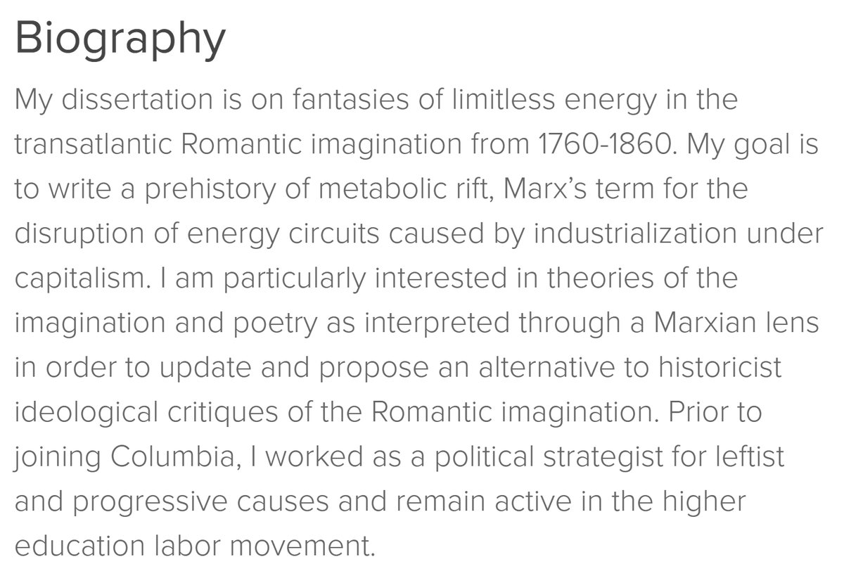 @CollinRugg I was intrigued re what she may be studying there. Turns out it's a PhD in 'fantasies of limitless energy in the transatlantic Romantic imagination from 1760-1860'.