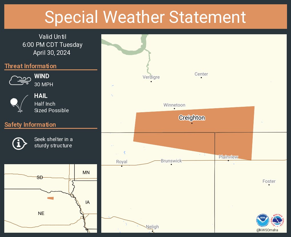 A special weather statement has been issued for Creighton NE until 6:00 PM CDT