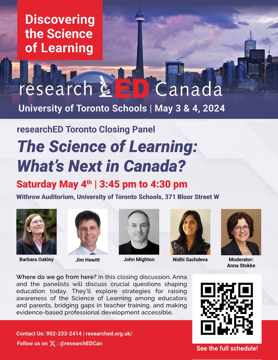 ResearchED Toronto closing panel with @JimHewittOISE #barbaraoakley @johnmighton @nsachdeva2019 moderated by none other than Anna Stokke @rastokke, host of the podcast Chalk & Talk. Theme: Science of Learning- Where do we go from here? This is going to be exciting event.