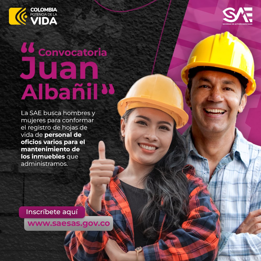 Previo a la celebración del #DíaDelTrabajo, la SAE continua eliminando la tercerización laboral y reafirma su compromiso con los trabajadores.

Buscamos mujeres y hombres que nos ayuden con el mantenimiento de los inmuebles que administramos.

Postulate: saesas.gov.co…