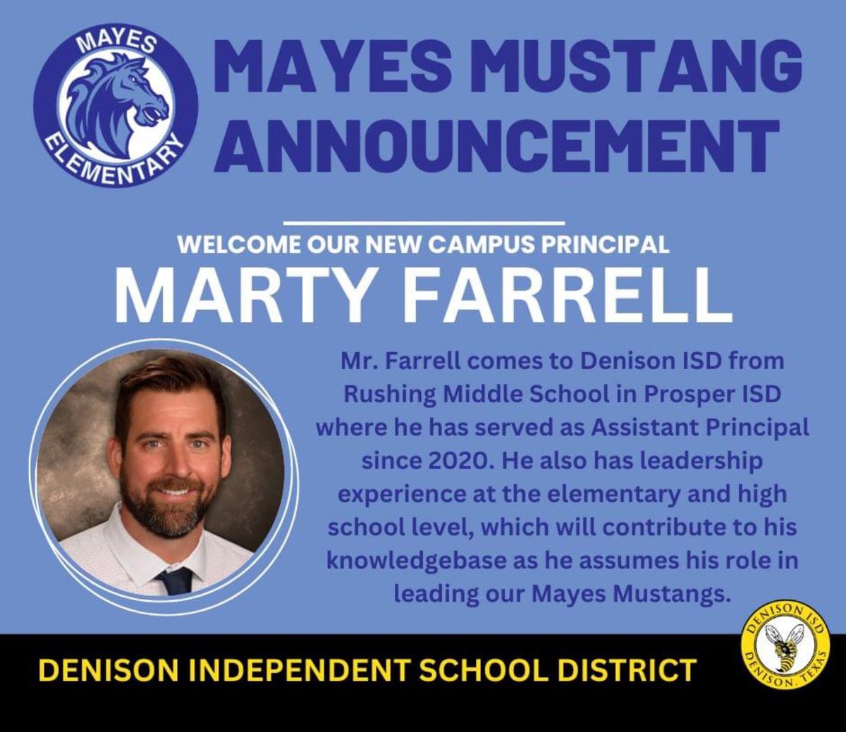 We are pleased to announce that Marty Farrell will be our new principal at Mayes Elementary beginning in the 2024-25 school year!