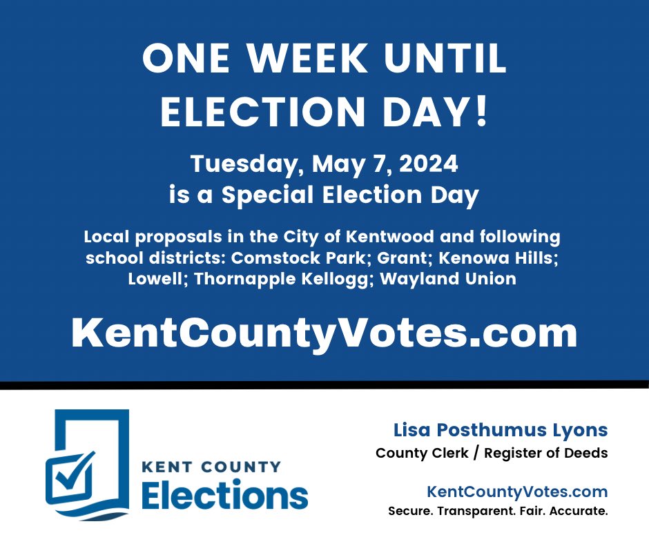 One week until Election Day in several Kent County communities! Find the information you need to vote at KentCountyVotes.com.