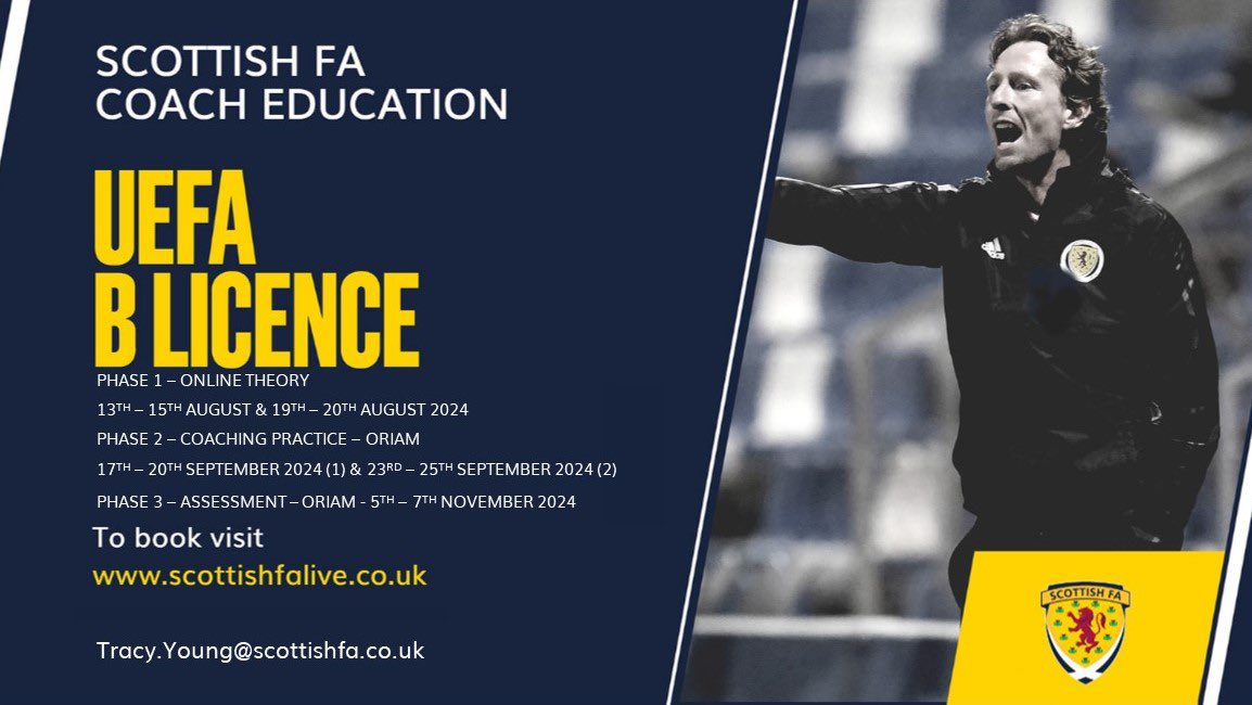 🆕 UEFA B LICENCE 📝 Now accepting applications for shortlisting 🗓️ Starts August 2024 📜 Must hold a valid UEFA C Licence 🌎 Online & Oriam, Edinburgh 🎟️ scottishfalive.co.uk #ScottishFACoachEd