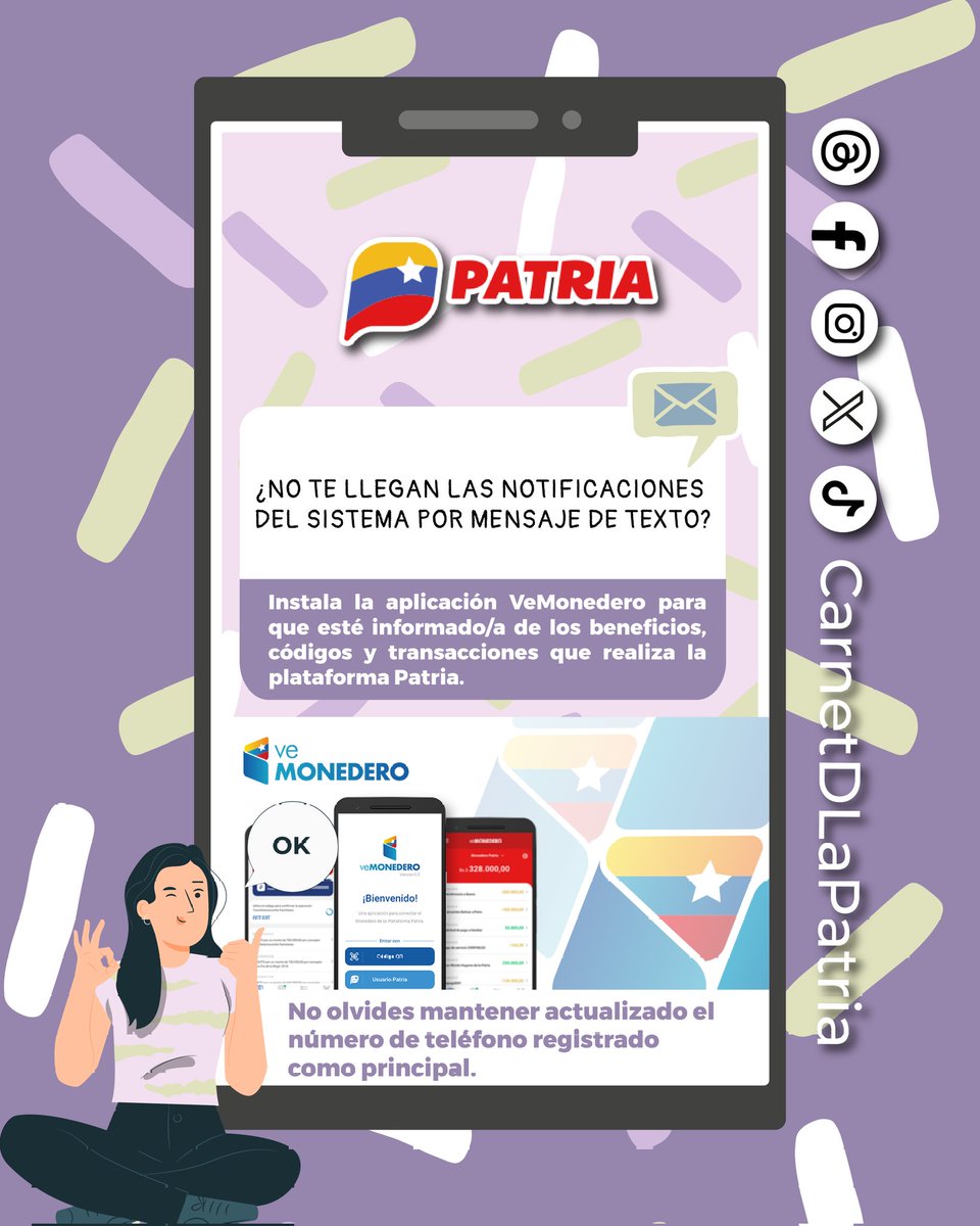 🔔 ¿No te llegan las notificaciones del #SistemaPatria por mensaje de texto?  

Instala la aplicación VeMonedero para que estés informad@ de los beneficios, códigos y transacciones que realiza la #PlataformaPatria.

#30Abr #SomosPuebloUnido #HogaresDignosDeLaPatria