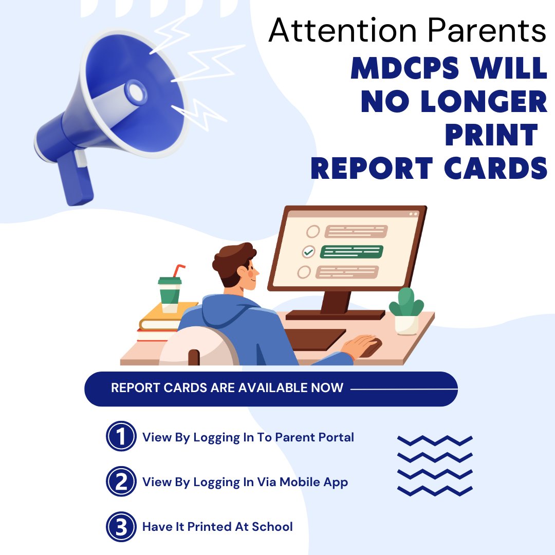 With the district’s paper reduction initiative, ITS will stop printing report cards and parents will need to log into their Dadeschools Mobile app or Portal to view their child(ren)’s report card grades. @SuptDotres @MDCPS @MDCPSSouth @SROMartinTReid