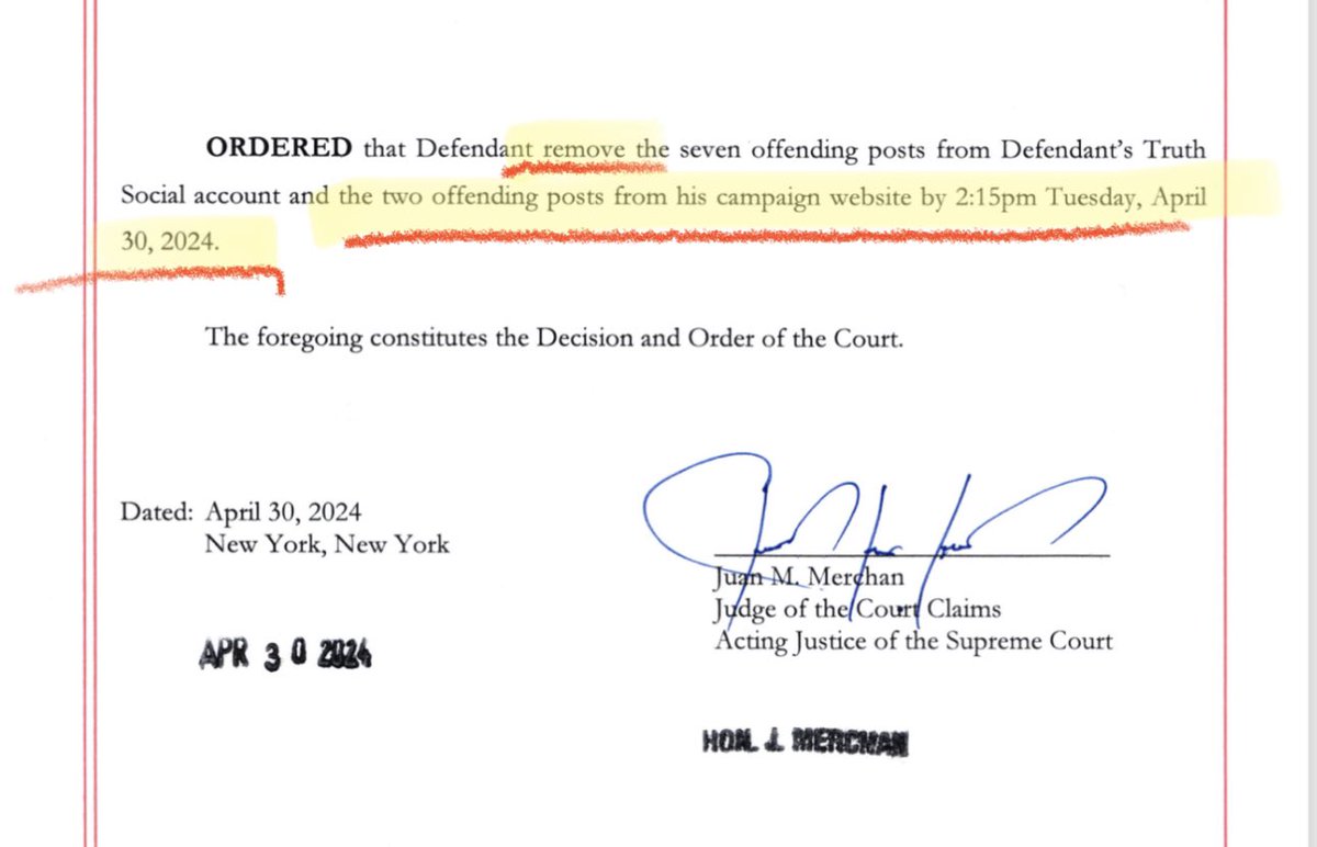 Judge Merchan ordered Trump to delete content from his CAMPAIGN WEBSITE! ELECTION INTERFERENCE! “ORDERED that Defendant remove … the two offending posts from his campaign website by 2:15pm Tuesday, April 30, 2024”