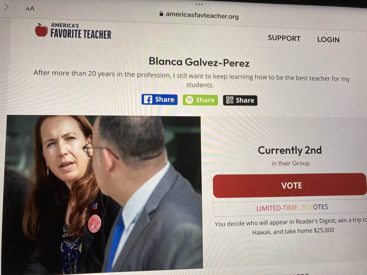 @AustinAABE Exciting News! @blancagalvezp, an educator at @AustinISD & resident of @austintexasgov, is now in the “TOP TWO” in America's Favorite Teacher competition! Your vote matters! Let's come together as a community & support her to victory. americasfavteacher.org/2024/blanca-ga…
