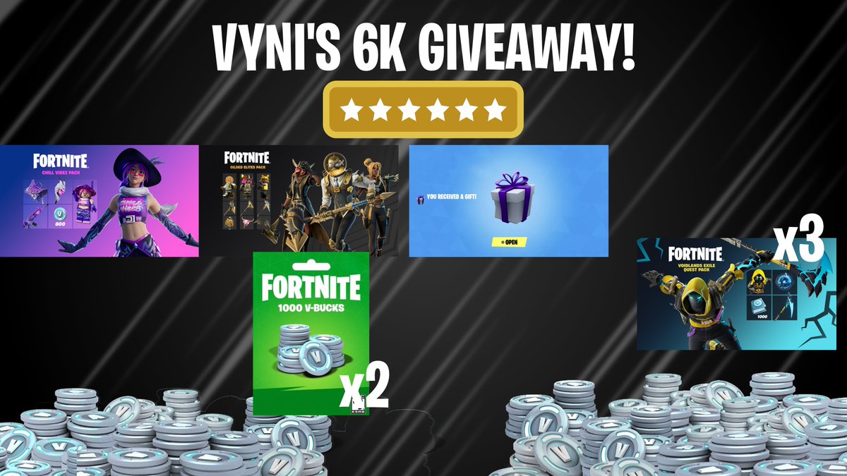 6K GIVEAWAY! RULES: -Follow @VyniGives , @LaterPark802275 ,@MC3Global , @CodeSnapWins , @mrs_frezee ,@bulbasaurpanda -Like 🩷 -Retweet♻️ -Ends in 120 Hours -Good Luck! 🍀🍀🍀🍀 #FortniteArt #Fortnite #FortniteFestival