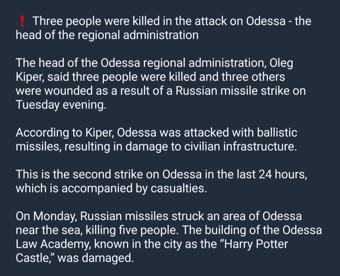 Another three innocent people dead from fascist Russia's ballistic bombs this evening in Odesa