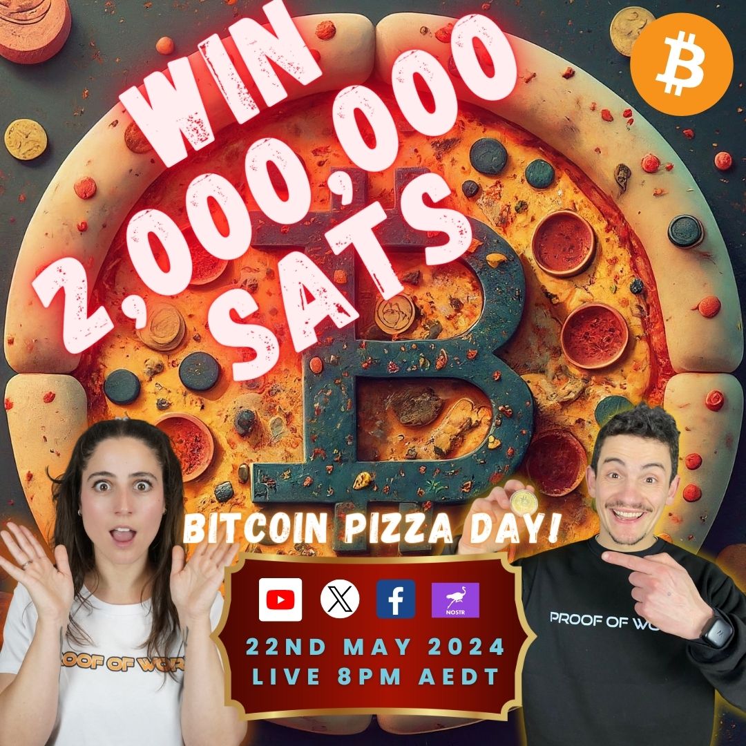 Celebrating Bitcoin Pizza Day 🍕🍕🍕 🏆 2,000,000 Sats 🥈 100,000 Sats 🥉 B is for Bitcoin Signed Copy proofofwork.com.au/promotions/bit… Live chat Bitcoin game to follow the draw. #australia #australianbitcoin #bitcoinaustralia