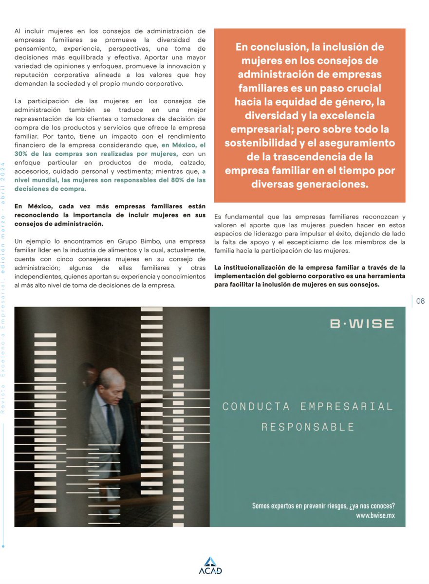 Nuestra socia, Iliana Mtnez Martín del Campo, fue entrevistada por la Asociación de Asesores de Alta Dirección #ACAD. Habló sobre la pertinencia de incluir mujeres en los Consejos de Administración de las #Empresas Familiares.

En #BWISE, proveemos #SolucionesLegales #Sostenibles