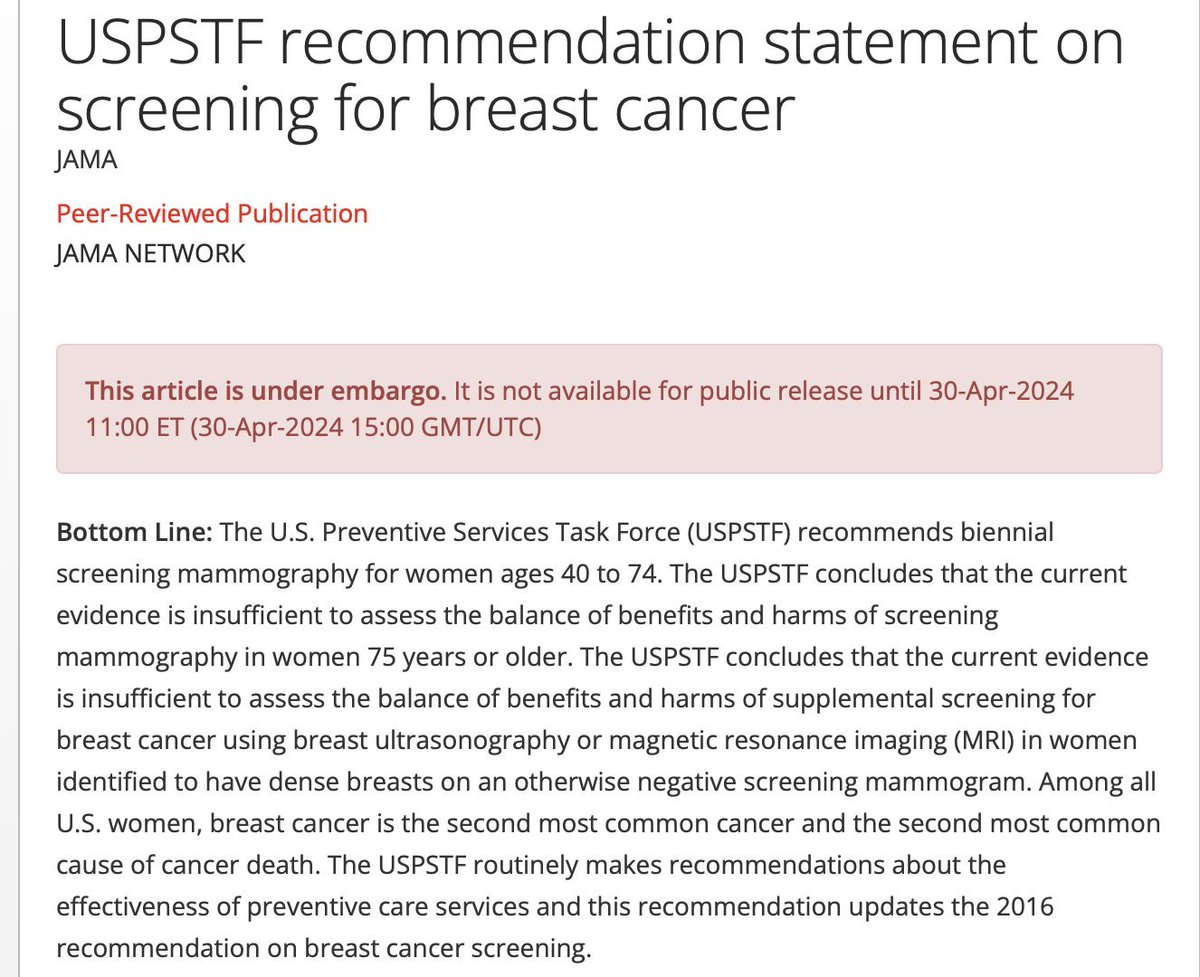 USPSTF finally catches up to most other US organizations in recommending mammograms starting at age 40 but opts for biennial screening even knowing that that decreases regular imaging compared to annual recommendations. @AmericanCancer favors annual and starting in 40s.