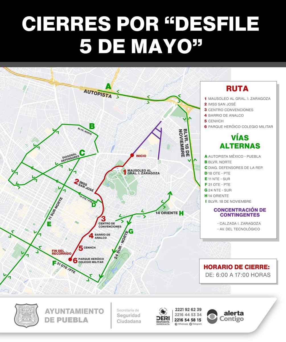 #Entérate 🚧 | Ante la realización del 'Desfile Conmemorativo al 162 Aniversario de la Batalla de Puebla', se implementarán cierres viales en diferentes puntos de la ciudad. 🗓️ 05 de Mayo. ⏰ De 6:00 a 17:00 horas. 🚘 Consulta el mapa y anticipa tu ruta.
