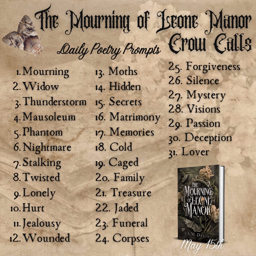 May’s #CrowCalls have arrived! Brought to you by A.M. Davis, inspired by her upcoming release, The Mourning of Leone Manor 🦋💀 Preorder your copy at thecrowshoppe.com