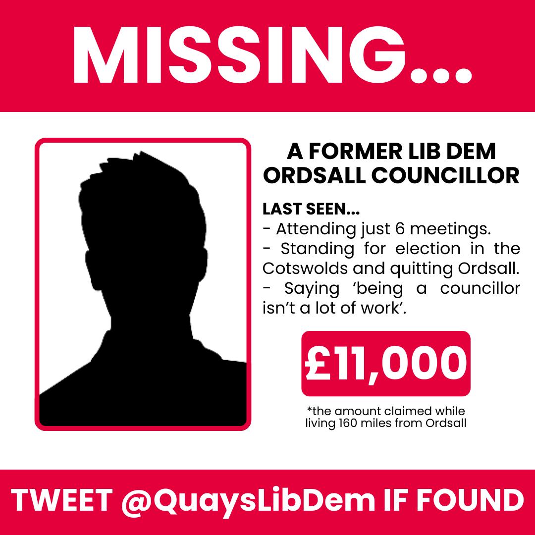 #MISSING | Former Lib Dem Ordsall Councillor Last seen: -Attending just 6 meetings -Standing for election in the Cotswolds and quitting Ordsall -Saying 'being a Councillor isn't a lot of work' 🔶£11,000 (amount claimed while living 160 miles away) Any info?Contact @QuaysLibdem