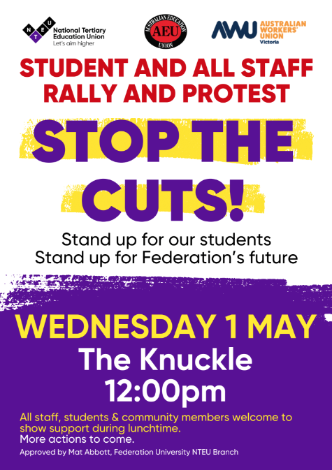 The campaign to stop swingeing job cuts at @FedUniAustralia rolls on - today it's Churchill Campus in Gippsland. Management want to axe 19% of jobs. Join us if you can and let's stop this! Here's more information: nteu.au/News_Articles/… #HigherEducation #Universities #HigherEd