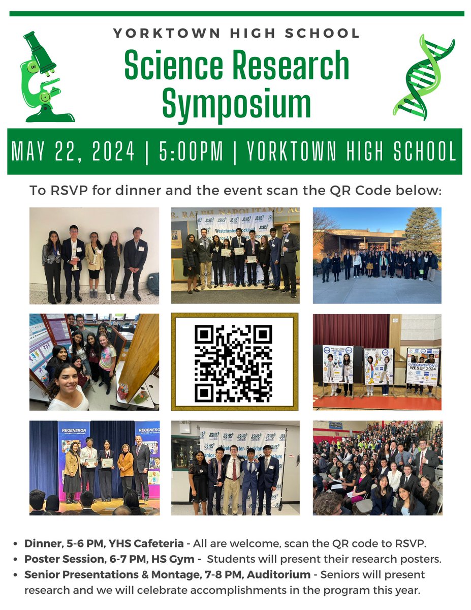 Please join us for our 23rd Annual YHS Science Research Symposium. The event will be held at YHS on Wednesday, May 22nd from 5:00 - 8:00 PM. Please RSVP using this link (or the image QR code): forms.gle/G46yYmsiBFwpkV……. We hope you can join us! @YorktownCSD @YHSDeGennaro