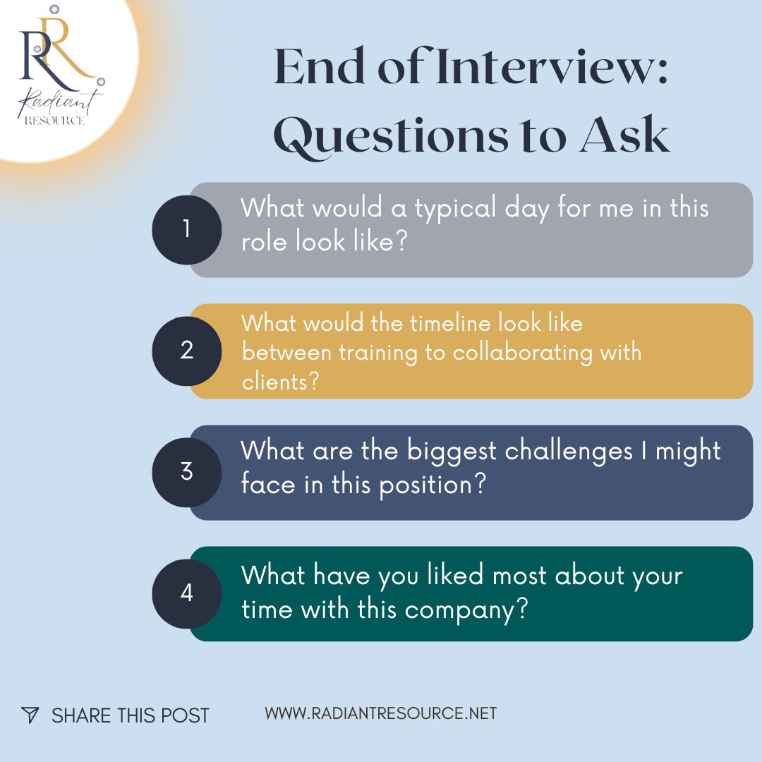 As your interview comes to a close, make sure to ask thoughtful questions about the role, company and the interviewers. This shows your interest in the position and helps you learn more about the team you could be joining. #RadiantResourceGroup #RecruitmentRevolution