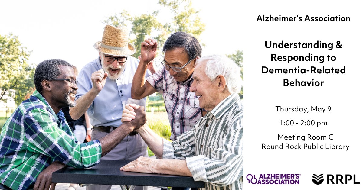 Understanding & Responding to Dementia-Related Behavior
Thursday, May 9 from 1:00 pm – 2:00 pm
Meeting Room C

Learn more:
roundrocktexas.gov/event/understa…

#MyRRPL