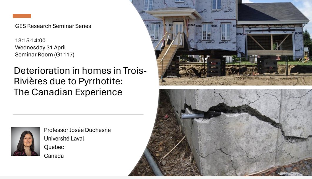 Looking forward to our final research seminar talk this semester tomorrow in @UlsterUniGES with @LavalUniversity professor Josee Duchesne who will be discussing the pyrrhotite disaster that destroyed 2000+ Canadian homes in Trois Rivieres, Quebec. Come along to room G1117 @1.15👇