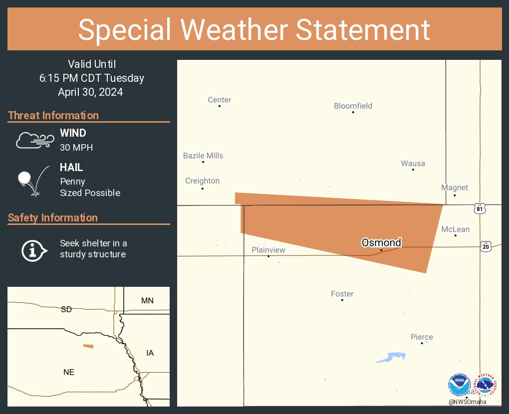 A special weather statement has been issued for Osmond NE until 6:15 PM CDT