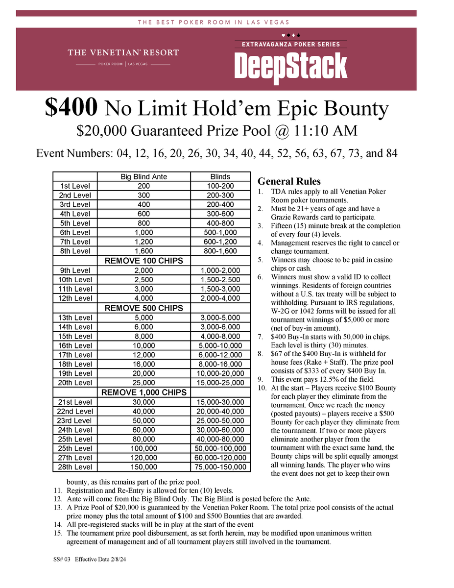Registration is open for today's 11:10 AM DeepStack Extravaganza Event #56 $400 NLH Epic Bounty (1Day) poker tournament. - $20,000 guarantee - 50,000 chips - 30-minute levels - $100/$500 bounties - Pays 12.5% of field - Reg closes ~4:40 PM