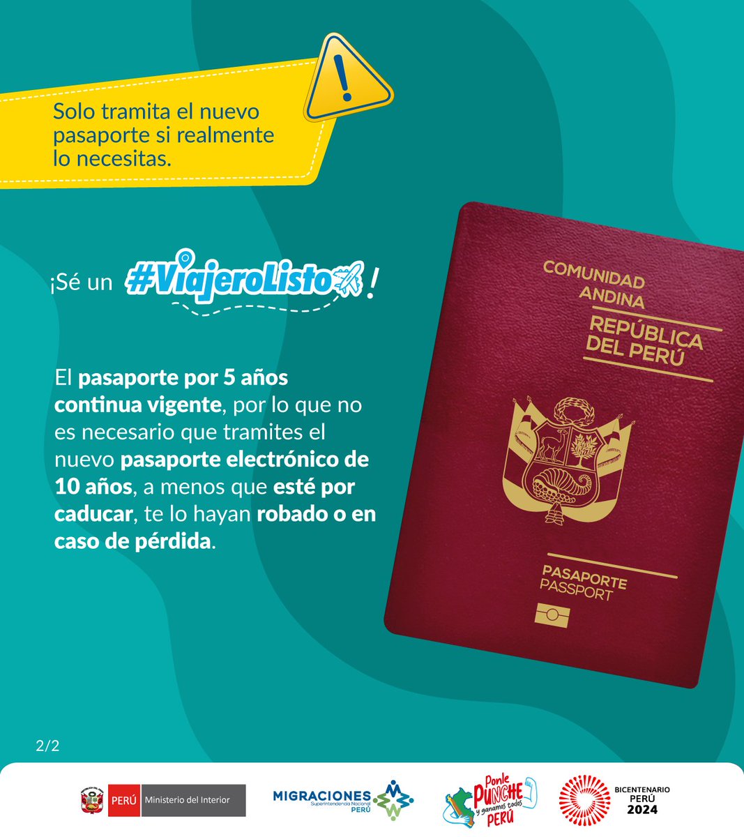¡Sé un #ViajeroListo! Desde el 7 de mayo iniciaremos la emisión del pasaporte para mayores de edad con una vigencia de 10 años. En caso tu cita sea a partir de esa fecha, deberás abonar un adicional de S/ 22.30, en el Banco de la Nación o en pagalo.pe.