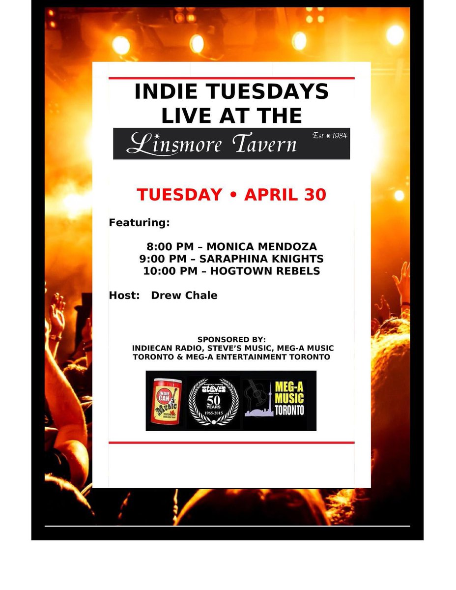 We have an awesome lineup of Indie music tonight at the Linsmore! We have incredible singer songwriters Monica Mendoza and Saraphina Knights! Also performing is Max Brand and his band Hogtown Rebels! Indie music fans it's going to be a good one! @IndieCanRadio @ears2dground
