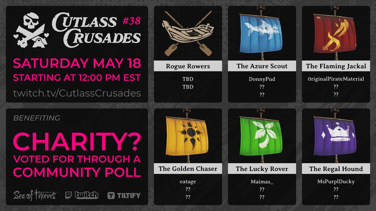 Competitor Sign Ups OPEN! We're looking for active #SeaOfThieves Twitch streamers to join our Aristocrats (Admin/Mods) for May's charity event. Individual sign ups will be randomly selected and assigned to a crew. Head to our Discord for more details! discord.gg/cutlasscrusades