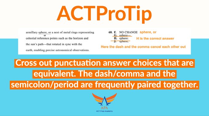 The Sooner You Know This English #ACTProTip, The Better Cross out punctuation answer choices that are equivalent. The dash/comma and the semicolon/period are frequently paired together. This is a multiple choice test and there is only ONE correct answer. #actprep #ACT