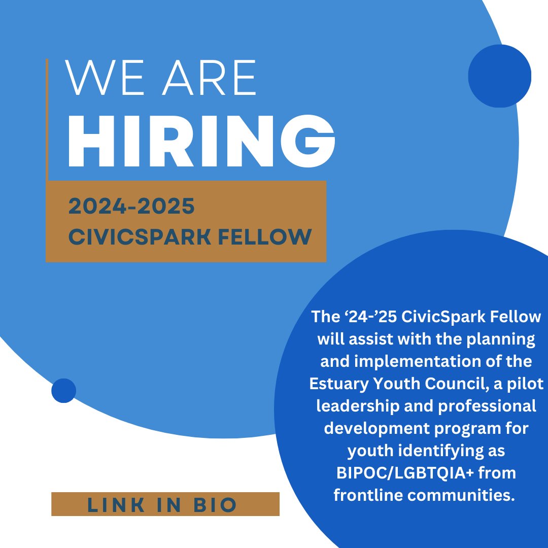 We're excited to announce that we will be hosting a 2024-2025 CivicSpark Fellow! This Fellow will support the Estuary Youth Council. civicspark.civicwell.org/2024-25-northe… #hiring