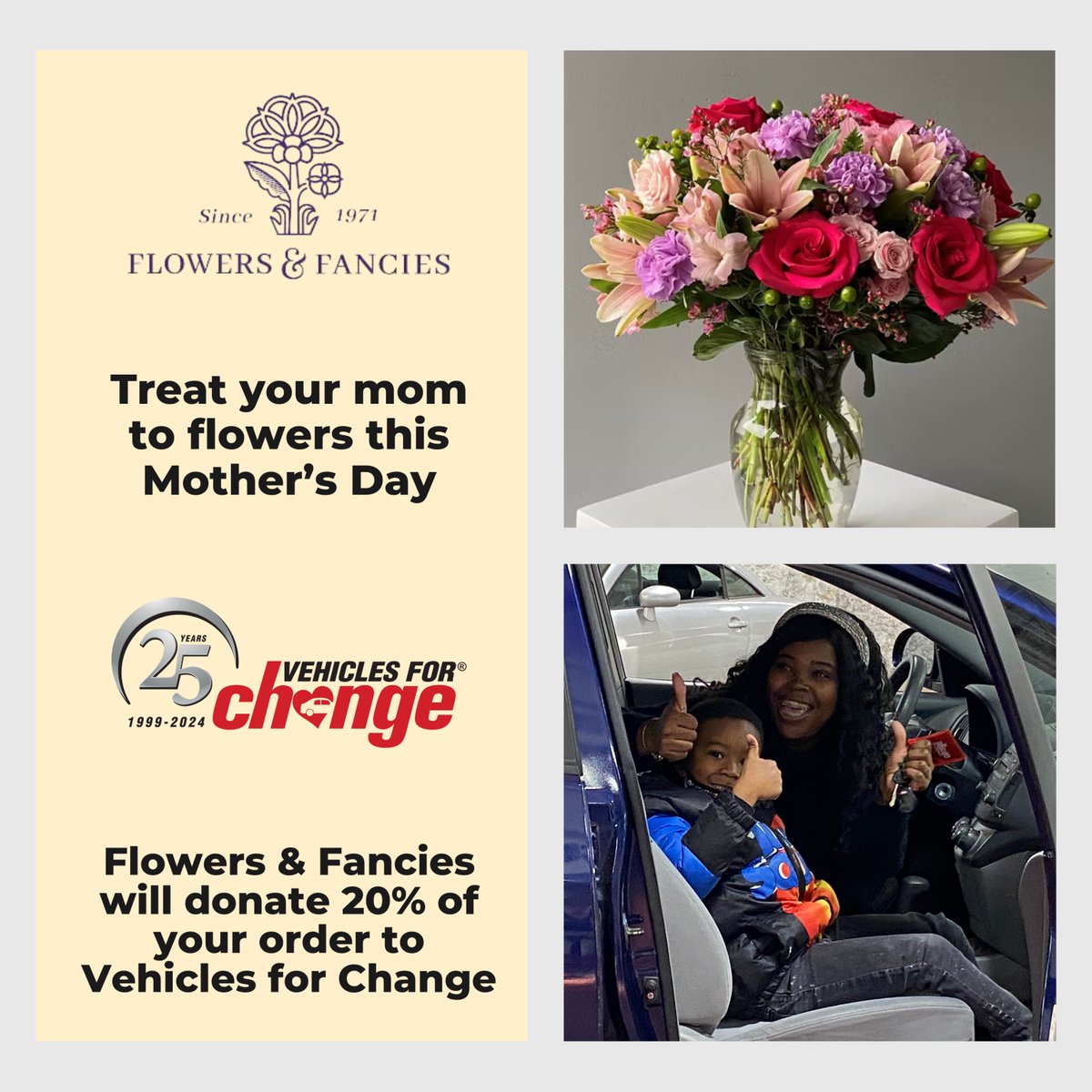 Introducing our new partnership with Flowers & Fancies brings beauty into your homes and change into our communities! 

Support VFC with 20% of your order: flowersandfancies.com/vehicles-for-c…

#FlowersForChange #SupportLocal #DriveChange #VehiclesForChange #Flowers&Fancies