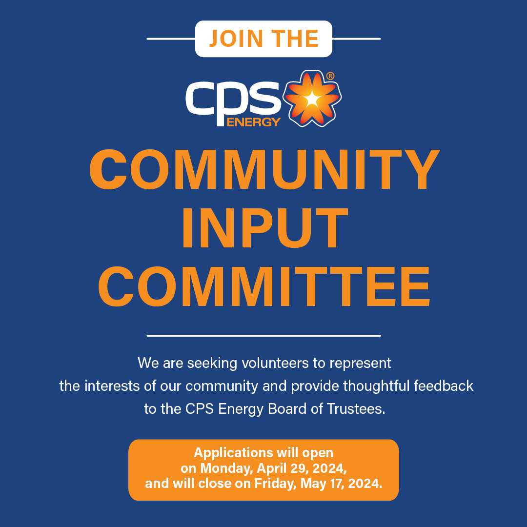 📣 Join the Community Input Committee (CIC)! We are seeking volunteers to represent the interests of our community and provide feedback to the CPS Energy Board of Trustees. 💡🤝 Applications will close on Friday, May 17, 2024. Learn more and apply at cpsenergy.com/cic