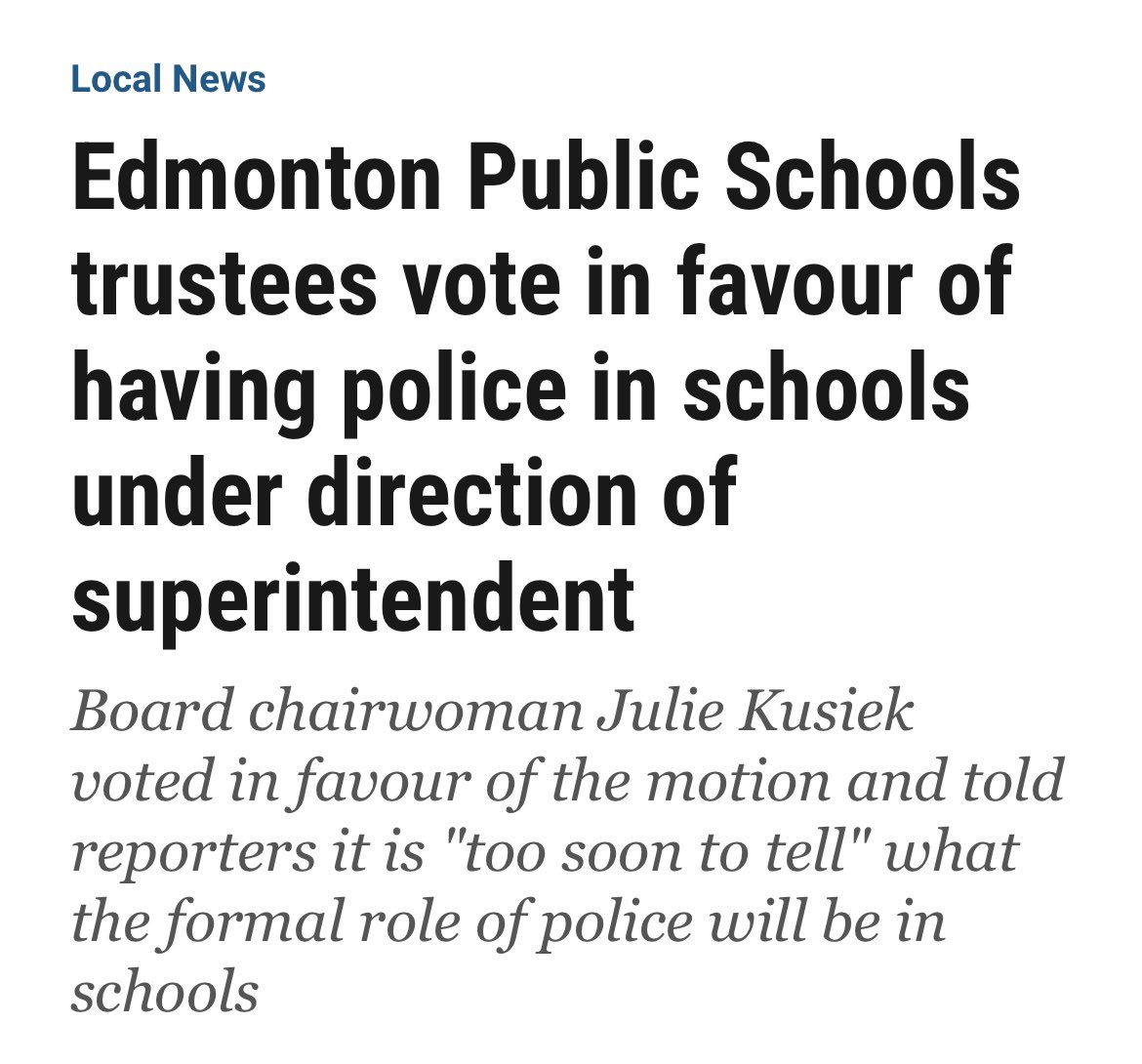 School Resource Officers play a vital role with students, teachers & parents. Although today’s decision may have been difficult, it is a reasonable one & I thank the trustees for their willingness to be open to @edmontonpolice #SROs @EPSBNews @EPSB_Super