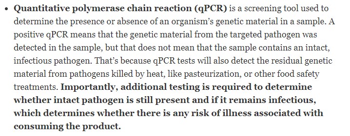 アメリカでは鳥インフルに感染した牛による乳製品の検査でウィルスの残骸が見つかって話題になっていて、FDAがアップデートをリリースしたんだが、PCR検査についてうっかり本当のことを掲載してしまったようだ。