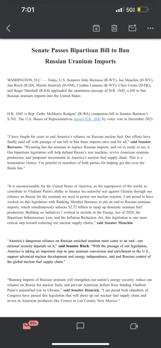 🚨🚨 The Senate just passed a bill that would ban uranium imports from Russia, sending it to the WH. Sen. Ted Cruz had an objected to the bill over nixed provisions in the NDAA, but has now lifted his hold. The WH is likely to sign the bill into law.