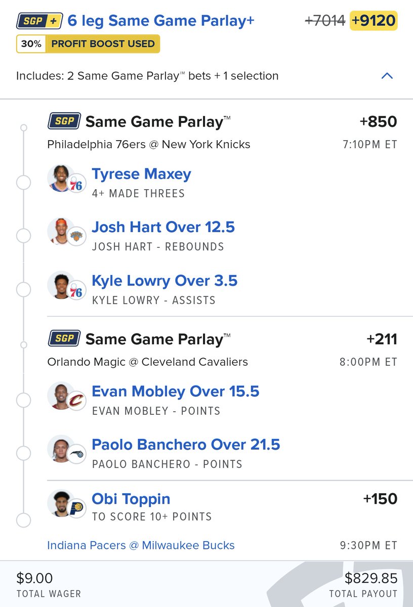 🚨 Tuesday NBA playoffs 🏀 🚨
A profit boosted parlay for tonight.  Play your faves solo, make your own or tail. Be responsible about it.
#gamblingX #nbaprops #nbabets #nbaparlay #basketballparlay #samegameparlay #profitboost #fanduel #phillybetbros