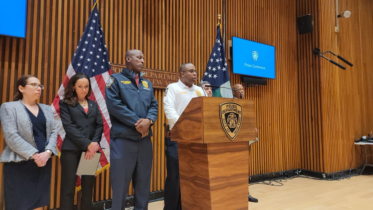 One Police Plaza in NYC, 
Mayor Eric Adams, along with the NYPD Commissioner and other officials, address the press regarding the ongoing situation at Columbia College campus. The mayor highlights the involvement of dangerous outside anarchists in these protests and urges
