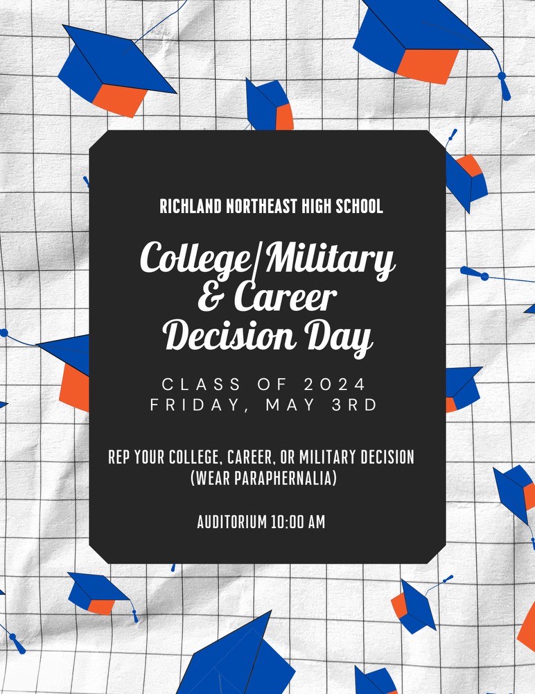 Seniors, It is time to 'Represent Your College, Career or Military Decision'! See you on Friday at 10 AM sharp in the auditorium! Make sure you wear your decision and Faculty and Staff we want to see you in your College Shirts too! @RichlandTwo @RNECavaliers @RNECollegeCtr
