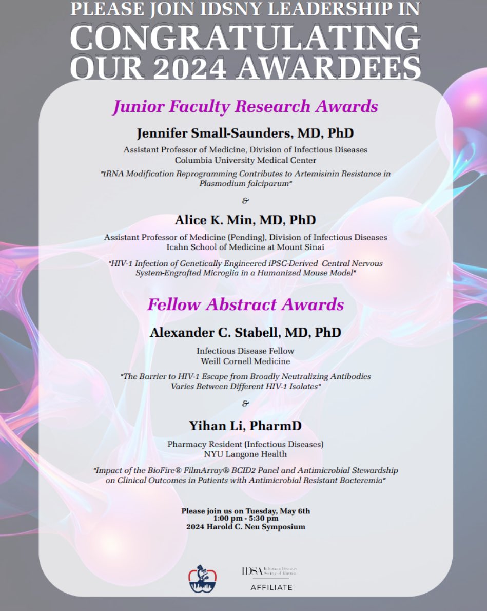 Congrats to our fellow Alex Stabell and to all the other winners of the IDSNY research awards. Looking forward to hearing you present on May 7! @IDSAInfo @WCMDeptofMed
