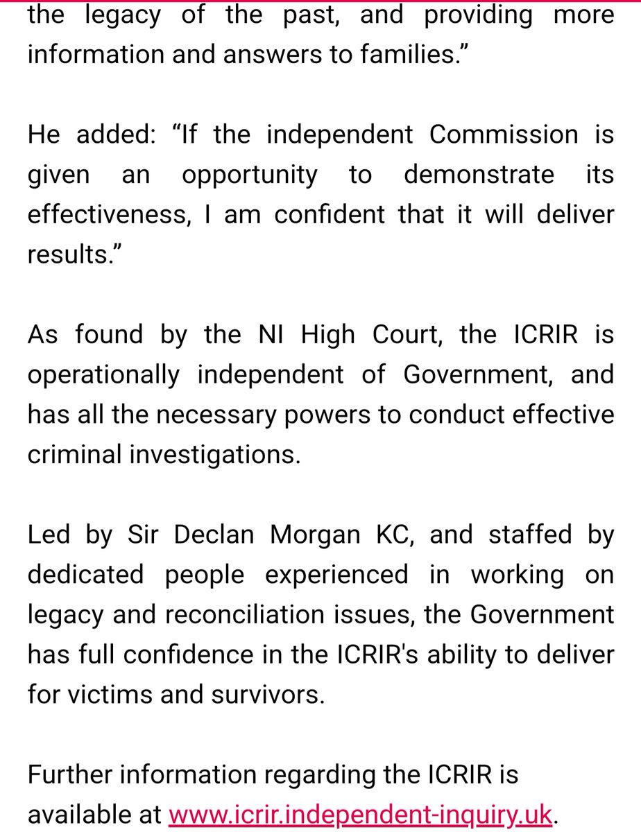 🚨NEW: Legacy Act comes into effect ✍️Statement in from the Secretary of State @chhcalling welcoming the 'operational establishment of the Independent Commission for Reconciliation and Information Recovery (ICRIR).' That commission is part of the new Act. 👇
