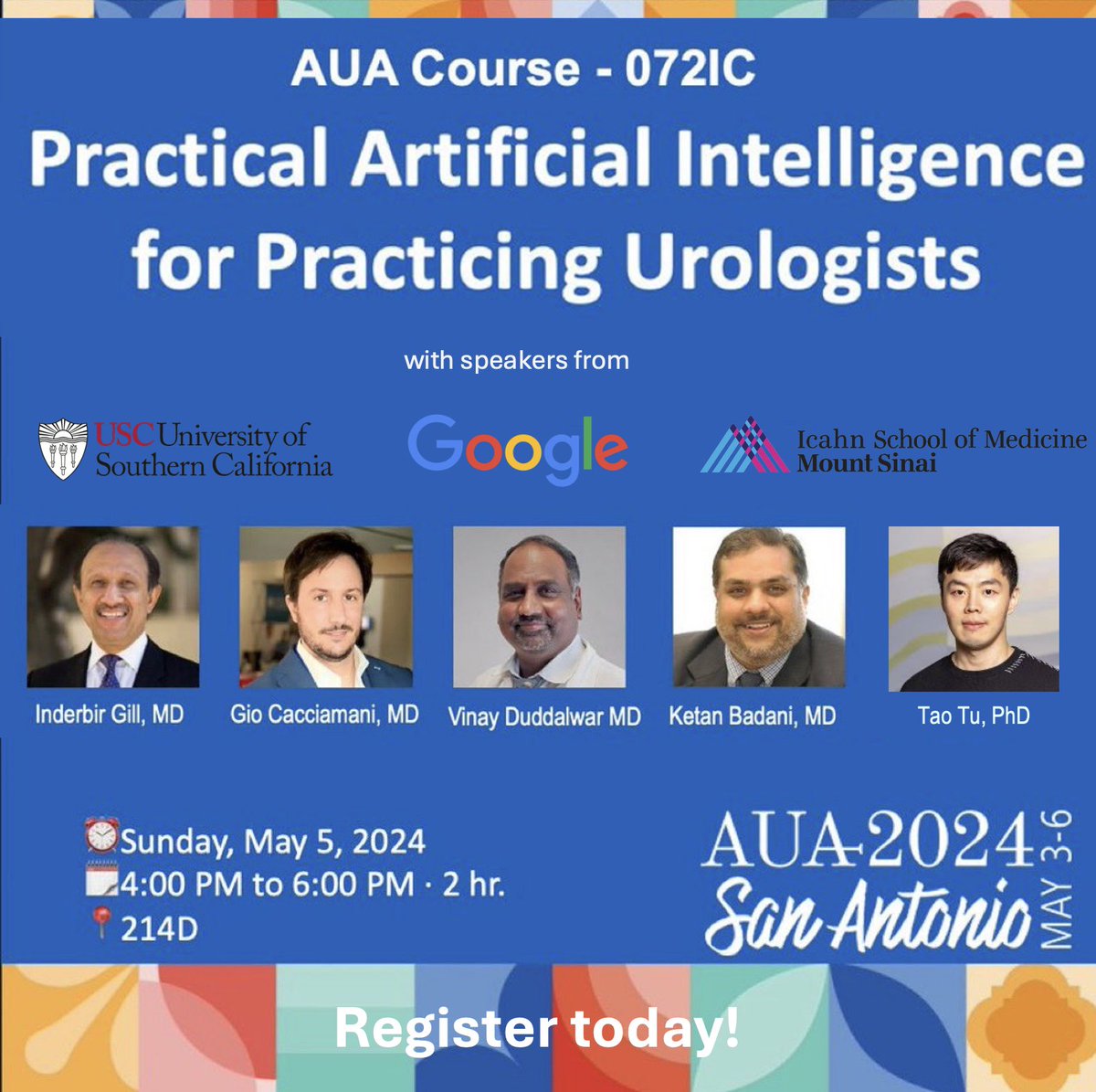 Wow! already 110 Registered attendees!! Make sure not to miss your spot for the inaugural @AmerUrological #AUA24 course on Practical #AI! 🤖Surgical AI 🤕Patients AI 🩻Radiology AI 🎓Regulations & Research AI 👉register now tinylink.net/CIcXT @usc_urology @taotu831…