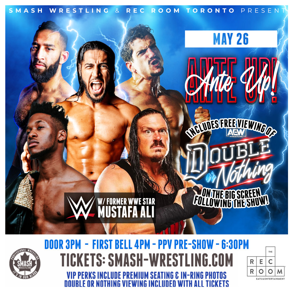 WE'RE OUTTA CONTROL🤯 Mustafa Ali Rhyno Michael Oku 🇬🇧 Psycho Mike (c) Tarik - the long awaited return + FREE AEW DoN PPV on the big screen! The ultimate pro wrestling fan experience! 🎟️ smash-wrestling.com VIP Tix = Reserved front row seats + In-ring photo w/ a wrestling